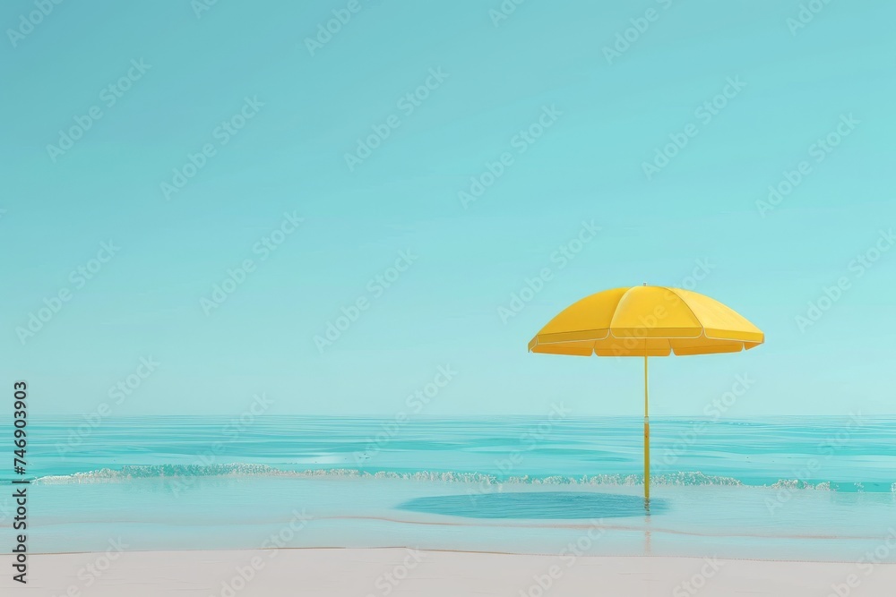 a yellow umbrella sitting on top of a sandy beach under a blue sky. generative ai