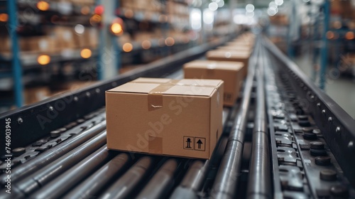 Cardboard boxes on conveyor rollers ready to be shipped by courier for distribution. Created with Generative AI.