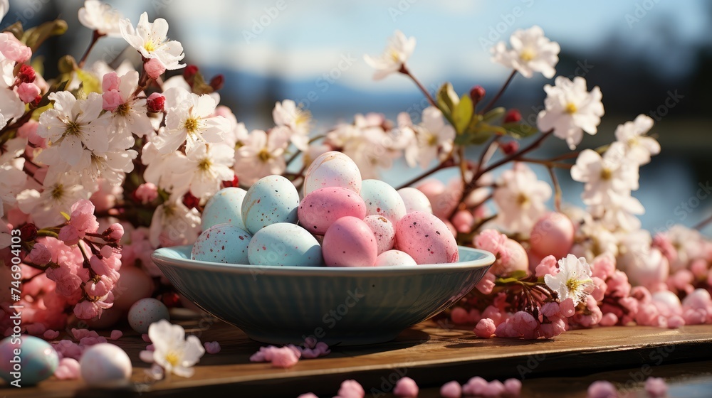 easter table scene with colored eggs and fresh flower. easter table scene with colored eggs and fresh flower.