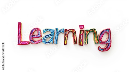 The word Learning isolated on white background made in Embroidery Lettering style. Decorative lettering of a word Learning. Creative postcard. Ai Generated Digital art poster.