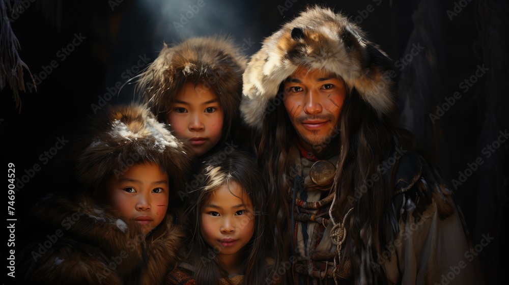 Portrait of Eskimo family in traditional clothes. Portrait of Eskimo family in traditional clothes.