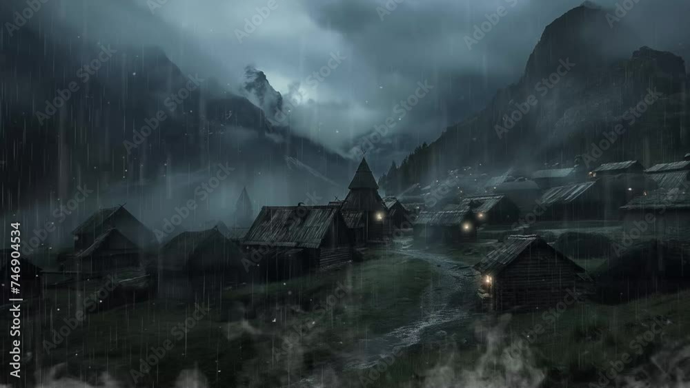 rain pouring down on remote village in dark fantasy. seamless looping overlay 4k virtual video animation background rain pouring down on remote village in dark fantasy. seamless looping overlay 4k virtual video animation background