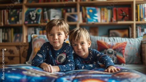 Twin Boys Reading a Space Book in Library.
