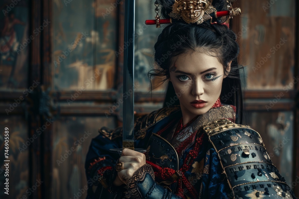 Japanese elegance as a beauty dons the regal attire of a samurai warrior, clutching a gleaming katana amidst a backdrop of darkness. - obrazy, fototapety, plakaty 