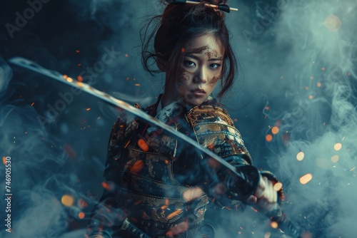 Japanese elegance as a beauty dons the regal attire of a samurai warrior, clutching a gleaming katana amidst a backdrop of darkness.