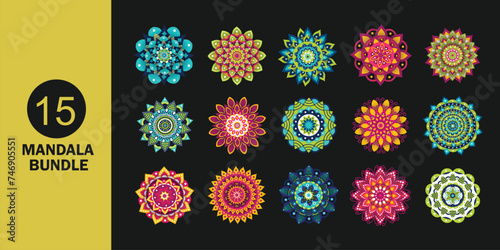 Set of 15 colourful mandala on black background