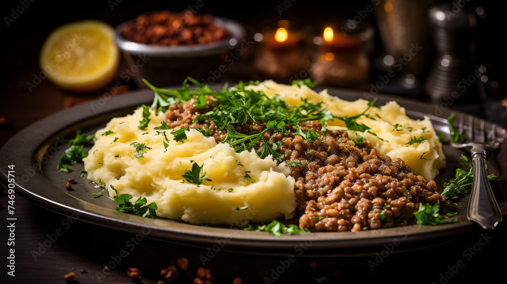 Taste of Scotland: Captivating Image of Haggis, Neeps, and Tatties Celebrating Scottish Cuisine Taste of Scotland: Captivating Image of Haggis, Neeps, and Tatties Celebrating Scottish Cuisine