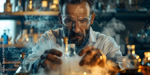 Scientist conducting chemical experiment in laboratory with erlenmeyer flask and reagents. Concept Chemical Experiment, Laboratory Setting, Erlenmeyer Flask, Reagents, Scientist photo