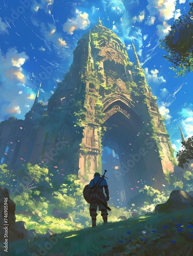 A young adventurer who arrived in front of a huge gateway to the lost city. beautiful fantasy anime scene. Japanese animation style game concept art illustration. generative AI
