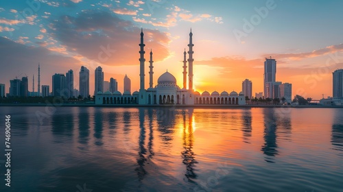 Sharjah Mosque beautiful sunset view second biggest mosque in United Arab Emirates beautiful traditional Islamic architecture new tourist attraction in Middle east photo