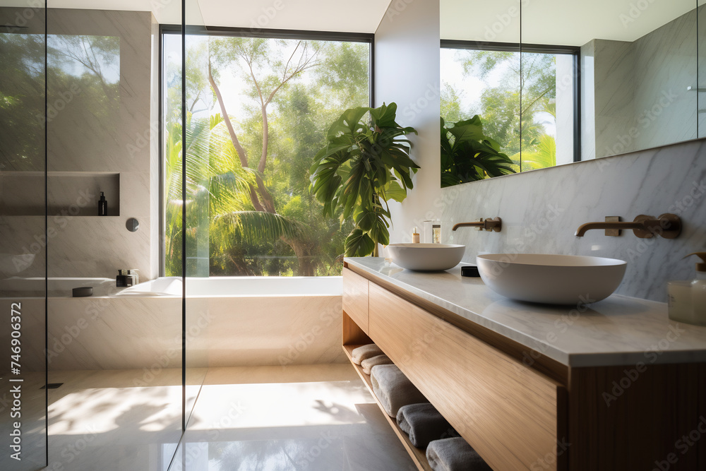 Modern Bathroom Sink with Natural Light and Greenery. Elegant Home Spa and Wellness Concept Modern Bathroom Sink with Natural Light and Greenery. Elegant Home Spa and Wellness Concept