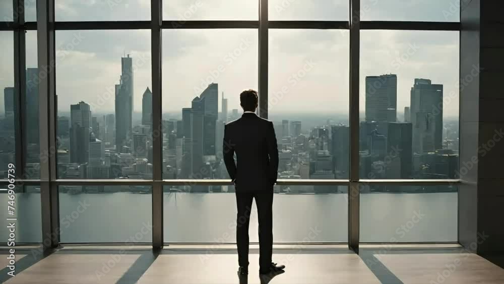 A business man standing with cityscape background, business man in his office, Successful businessman looking out of window at big city view and talking, seamless looping 4k virtual video animation A business man standing with cityscape background, business man in his office, Successful businessman looking out of window at big city view and talking, seamless looping 4k virtual video animation