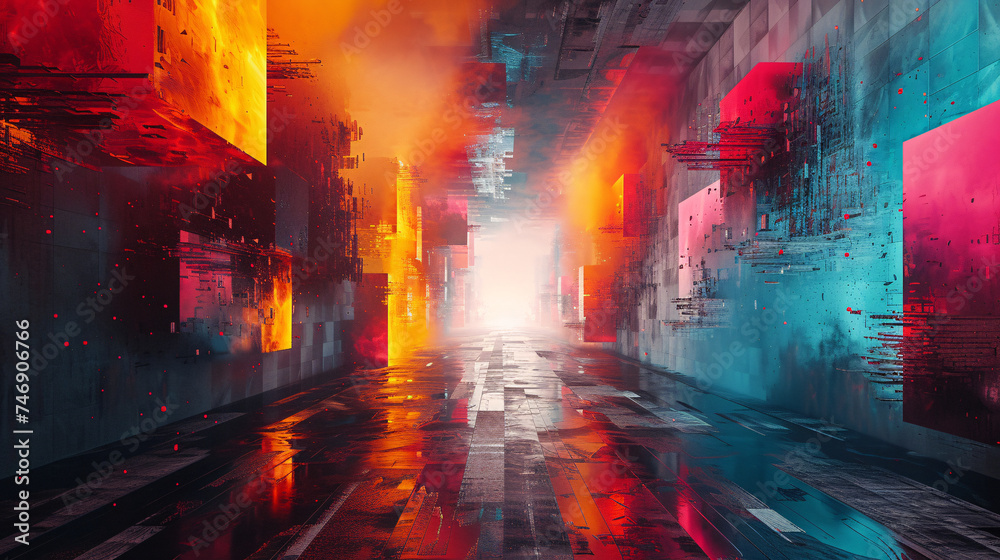 Painting of a city street with a fire and smoke coming out of it