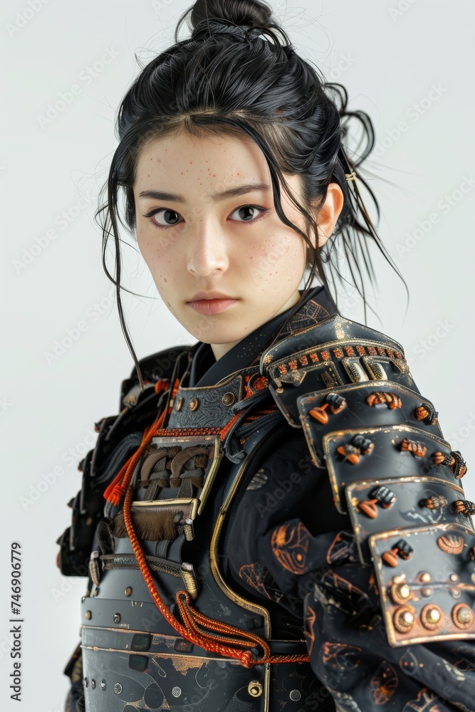 Japanese tradition and beauty as a graceful figure adorns the formidable armor of a samurai, wielding a majestic katana against a backdrop of profound brightness white background. Japanese tradition and beauty as a graceful figure adorns the formidable armor of a samurai, wielding a majestic katana against a backdrop of profound brightness white background.