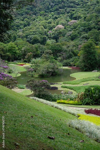 Fazenda Marambaia, Rio de Janeiro, Brazil. Lush landscaped garden with winding pond, from the famous landscape architect Burle Marx