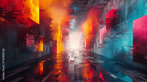Painting of a city street with a fire and smoke coming out of it photo