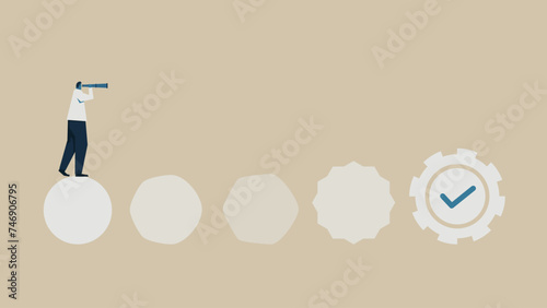 A man looks through a telescope at the changes. The circle changes and becomes a gear.