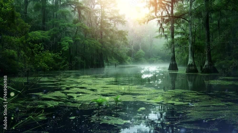 Swamp lake scene in tropical forest, animated virtual repeating seamless 4k