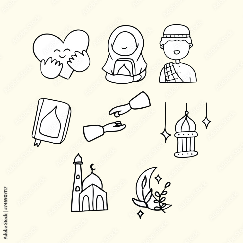 Fototapeta premium set of ramadan vibes in outline doodle illustration
