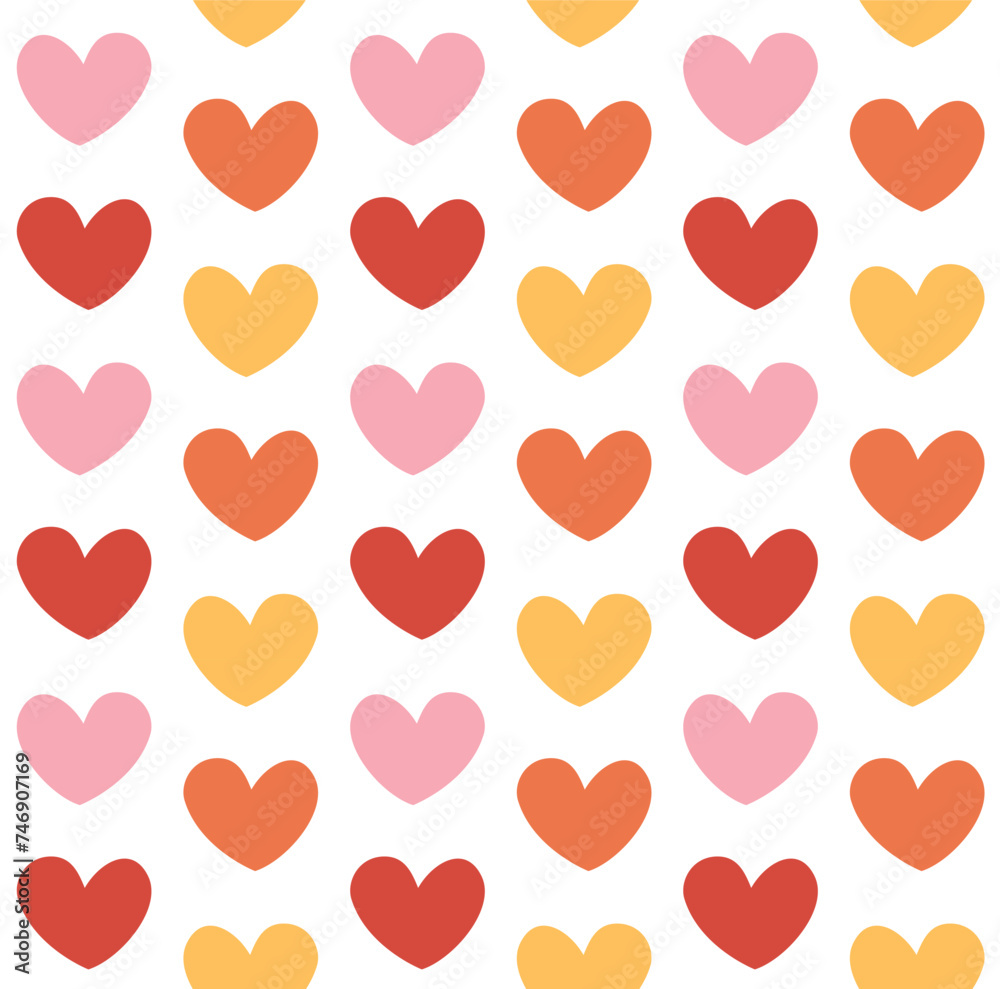 Vector seamless pattern of different color groovy hearts isolated on white background