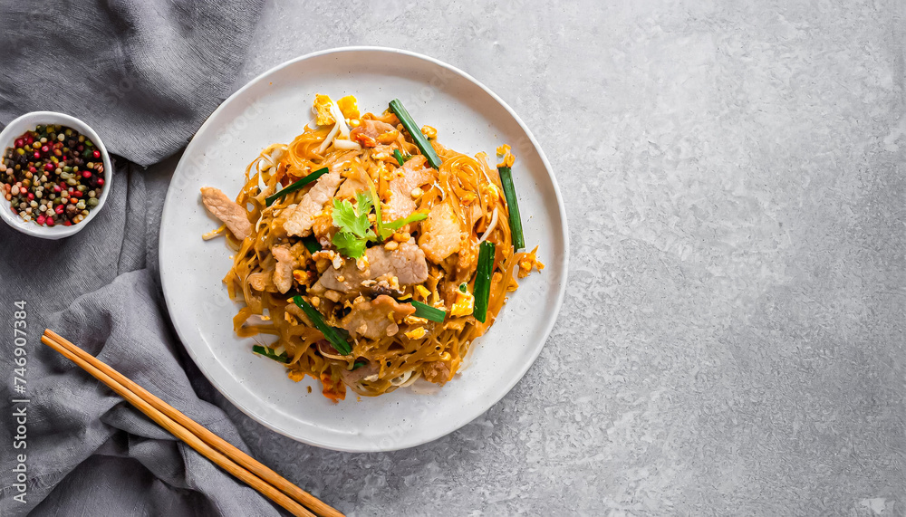 pad thai or phad thai, Thailand famous freshly stir-fried cooked. Pad Thai noodles with pork. top view, copy space pad thai or phad thai, Thailand famous freshly stir-fried cooked. Pad Thai noodles with pork. top view, copy space