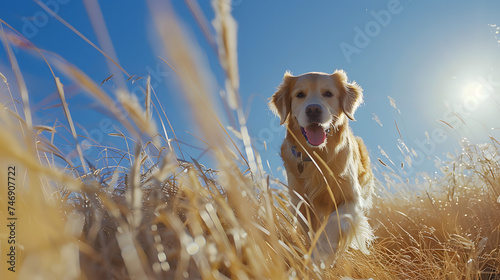 Retriever dourado correndo por campo gramado capturado em close com luz suave iluminando sua pelagem