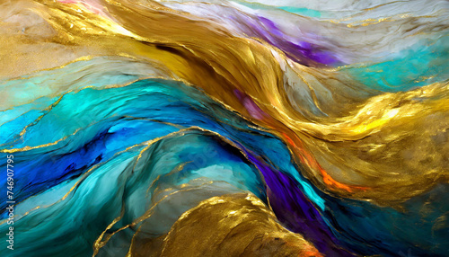 Currents of translucent hues  snaking metallic swirls  and foamy sprays of color shape the landscape of these free-flowing textures. Natural luxury abstract fluid art painting in alcohol ink technique