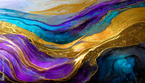 Currents of translucent hues  snaking metallic swirls  and foamy sprays of color shape the landscape of these free-flowing textures. Natural luxury abstract fluid art painting in alcohol ink technique
