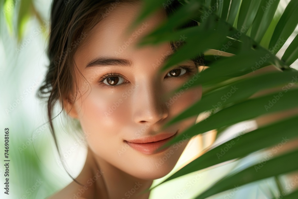 A close-up portrait of a young woman, showcasing a serene expression with a soft-focus background of lush greenery that accentuates her natural beauty. A close-up portrait of a young woman, showcasing a serene expression with a soft-focus background of lush greenery that accentuates her natural beauty.