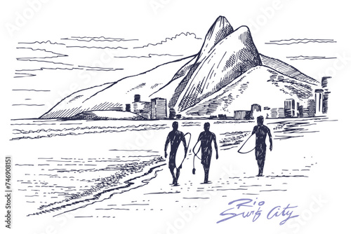 Vector illustration of silhouette of surfers walking on the beach with tropical landscape in the background. Art in stripped strokes, in simple strokes in sketch style. Drawing for print on t-shirts, 