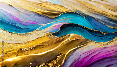 Currents of translucent hues  snaking metallic swirls  and foamy sprays of color shape the landscape of these free-flowing textures. Natural luxury abstract fluid art painting in alcohol ink technique