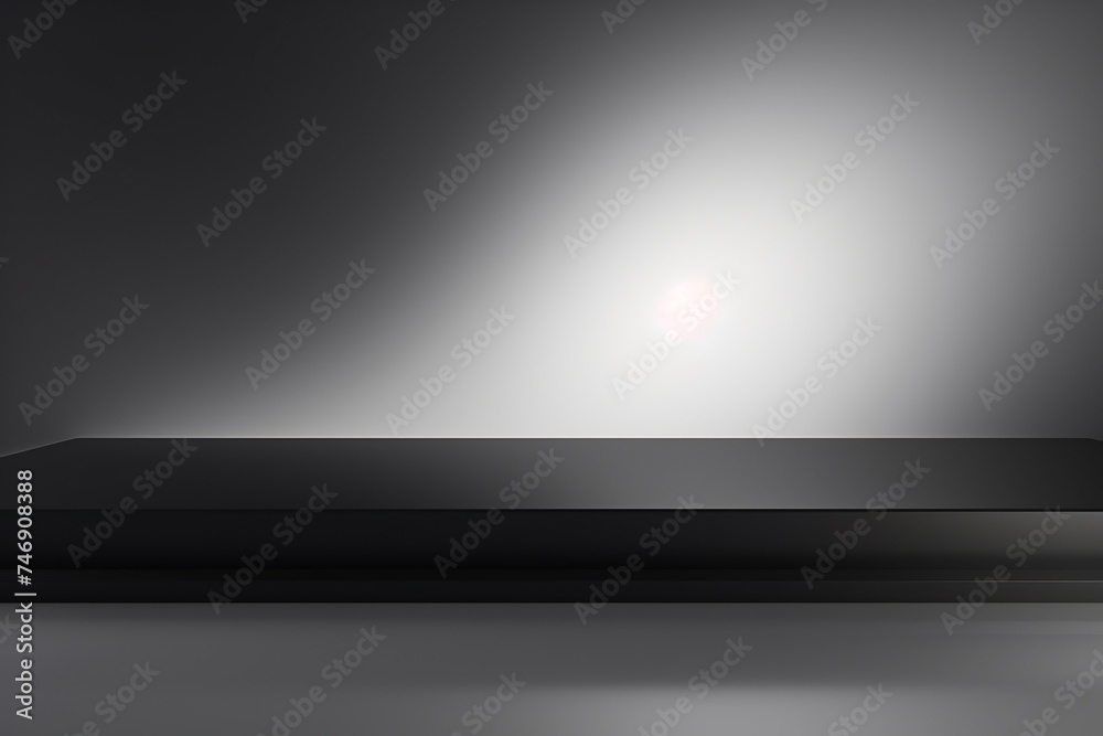 Empty Black Display Shelf with Spot Light on Gray Background. Modern Product Presentation Platform Concept Empty Black Display Shelf with Spot Light on Gray Background. Modern Product Presentation Platform Concept