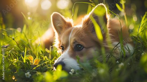 Um cão marrom e branco se divertindo em um prado verde ensolarado capturado em close com lente 70200mm photo