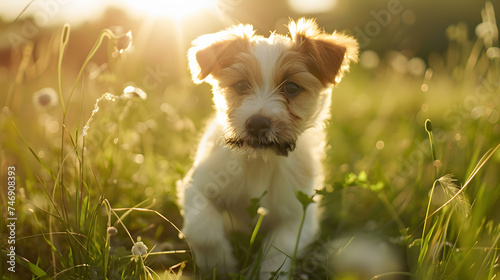 Um cão marrom e branco se divertindo em um prado verde ensolarado capturado em close com lente 70200mm photo