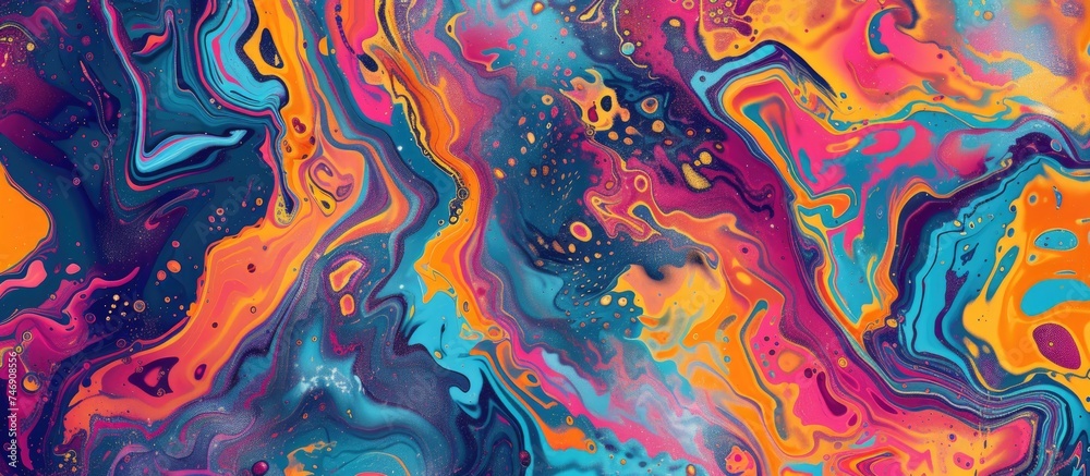 This abstract painting features a dynamic mix of multicolored paint creating a vibrant and captivating pattern. The colors blend and contrast, adding depth and energy to the composition. This abstract painting features a dynamic mix of multicolored paint creating a vibrant and captivating pattern. The colors blend and contrast, adding depth and energy to the composition.