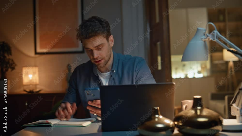 Busy freelancer virtual conference talking laptop computer at night home closeup Busy freelancer virtual conference talking laptop computer at night home closeup