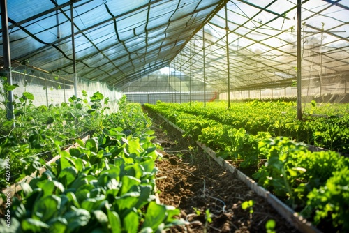 Vibrant green plants flourishing under the protected conditions of a commercial greenhouse farm.