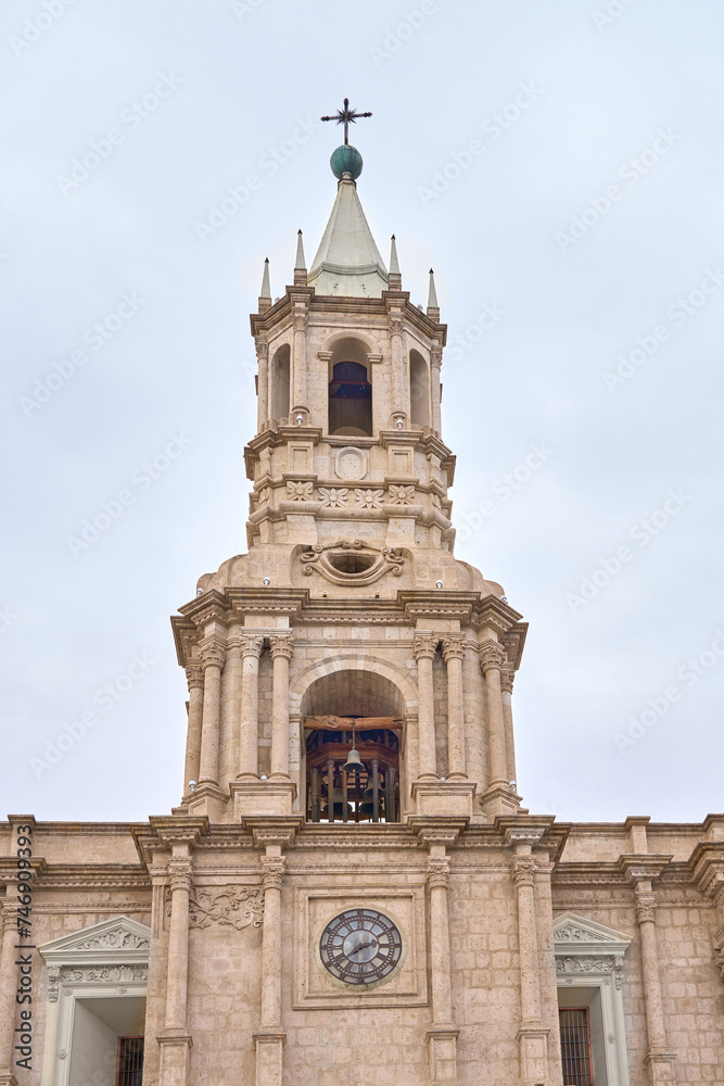 Front view of one of the towers of Arequipa's main religious center.