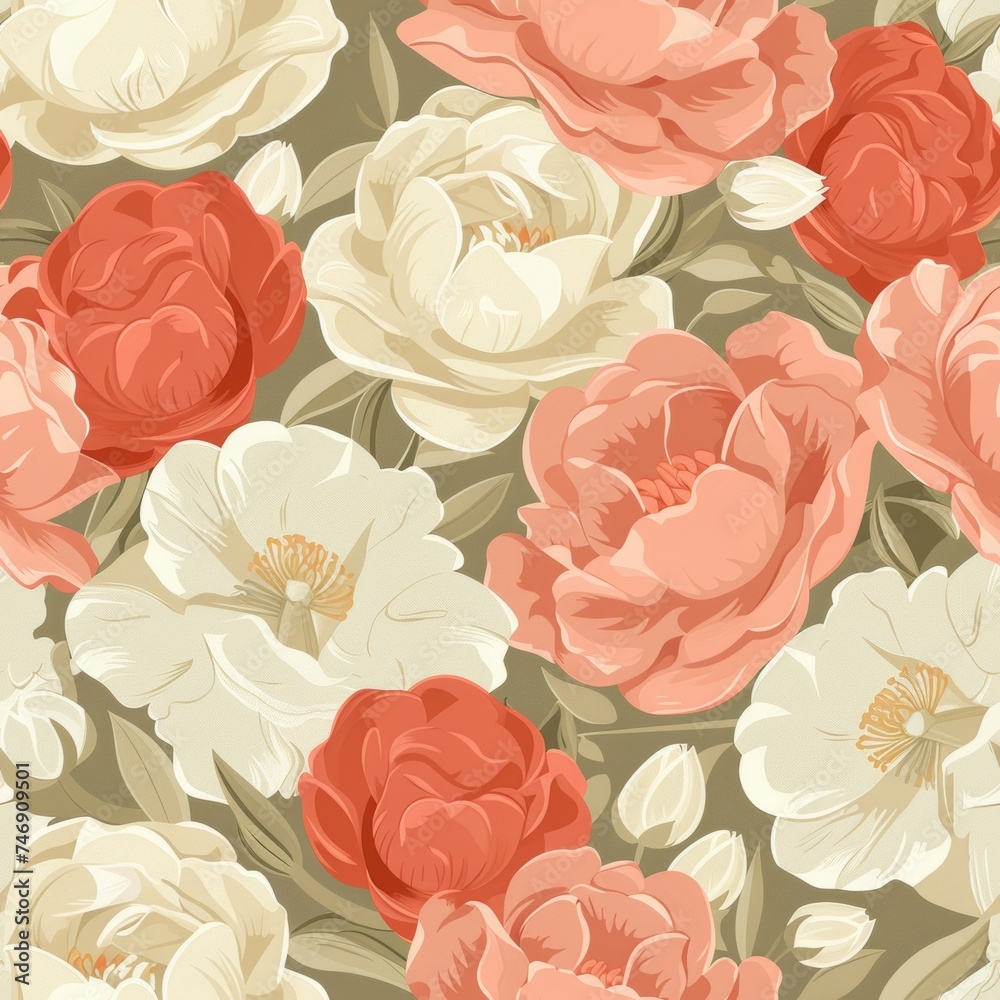Timeless floral pattern featuring a stunning array of red and white peonies with lush green leaves, perfect for elegant textile designs and decor.