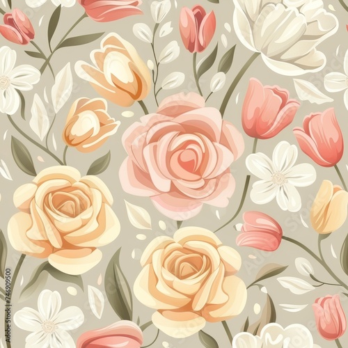This vintage-inspired floral pattern features elegant roses and tulips in soft pastel tones, ideal for wallpapers and chic fabric designs.