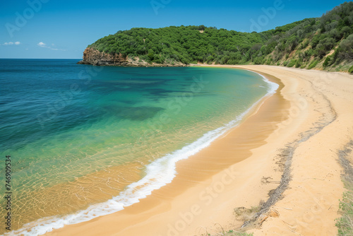 Calm, blue water laps at the white sand beach on a sunny day, summer