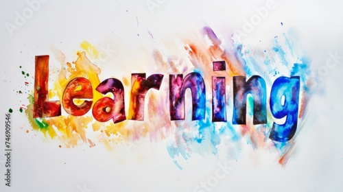 The word Learning isolated on white background made in Watercolor and Ink Collage style. Decorative lettering of a word Learning. Creative postcard. Ai Generated Digital art poster. photo
