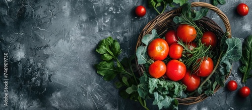 A basket overflowing with ripe red tomatoes, showcasing the vibrant colors and freshness of the bountiful harvest. © 2rogan