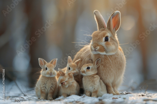 A rabbit is taking care of her cub, animal and love, familiy concept