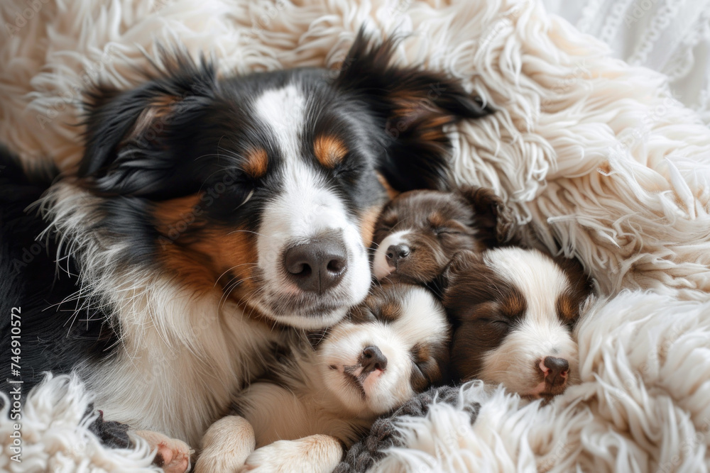 Dogs sleep together on white fluffy bed, animal, love, family concept Dogs sleep together on white fluffy bed, animal, love, family concept