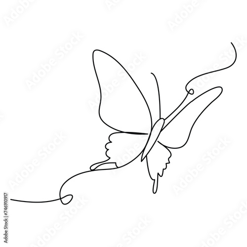 Continuous one line butterfly outline vector isolated on white background. Vector Illustration