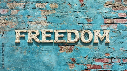 Brick Freedom concept creative horizontal art poster. Photorealistic textured word Freedom on artistic background. Ai Generated Liberty and Independence Horizontal Illustration..