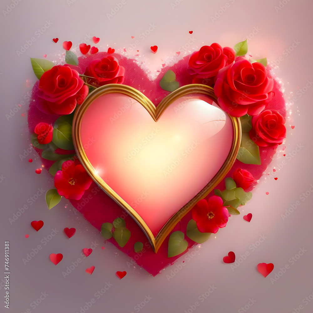 Corazón de San Valentín con flores y fondo sólido - concepto de San Valentín mostrando corazón hecho de flores con un centro de corazón de marco dorado en el centro