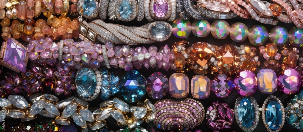 A collection of bracelets stacked neatly on top of each other, showcasing various colors, textures, and designs. The bracelets are layered in a straight, organized manner.