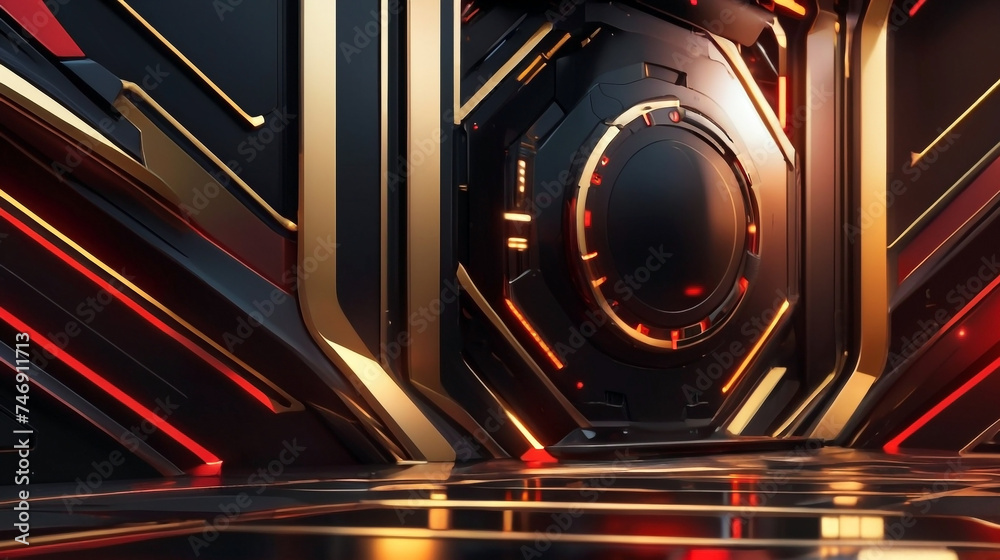 Futuristic sci fi background with black, red, and gold colors
